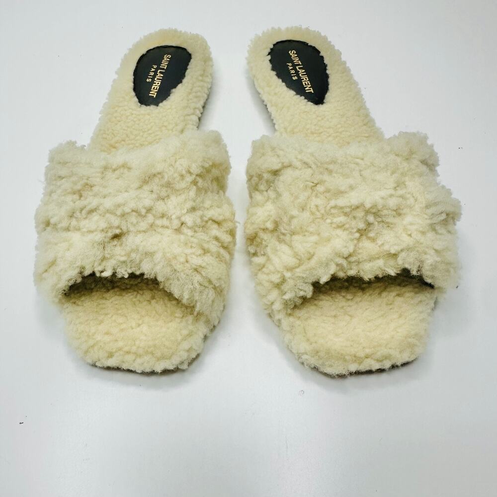NIB Saint Laurent YSL Tribute EU 37 US 7 Slip On Flat Sandals Beige Shearling - Picture 6 of 9